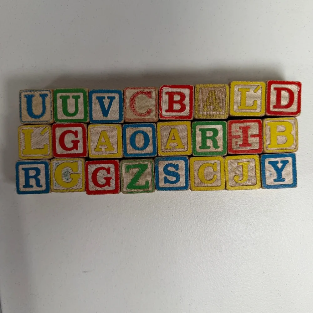 Vintage Alphabet Blocks Wooden Embossed Letter Number Set 24 Piece Lot Toy